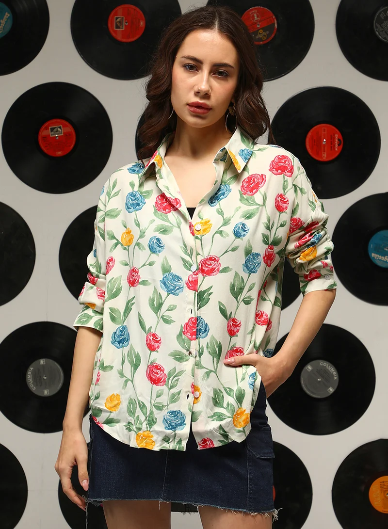 كامبوس سوترا Women's Pale Yellow Rose Garden Oversized Shirt For Casual Wear | Spread Collar | Long Sleeves | Button Closure | Oversized Shirt Crafted With Comfort Fit For Everyday Wear